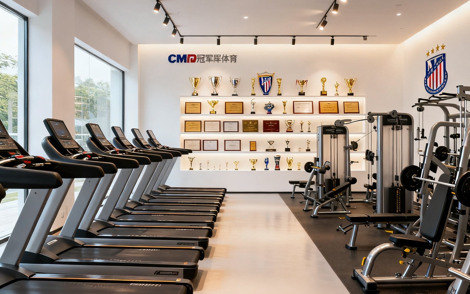 CMP冠军体育位于广州番禺的总部展厅，展示商用跑步机阵列和力量训练器械区域，墙上陈列着历年获得的行业奖项和西甲希洪竞技合作纪念品。