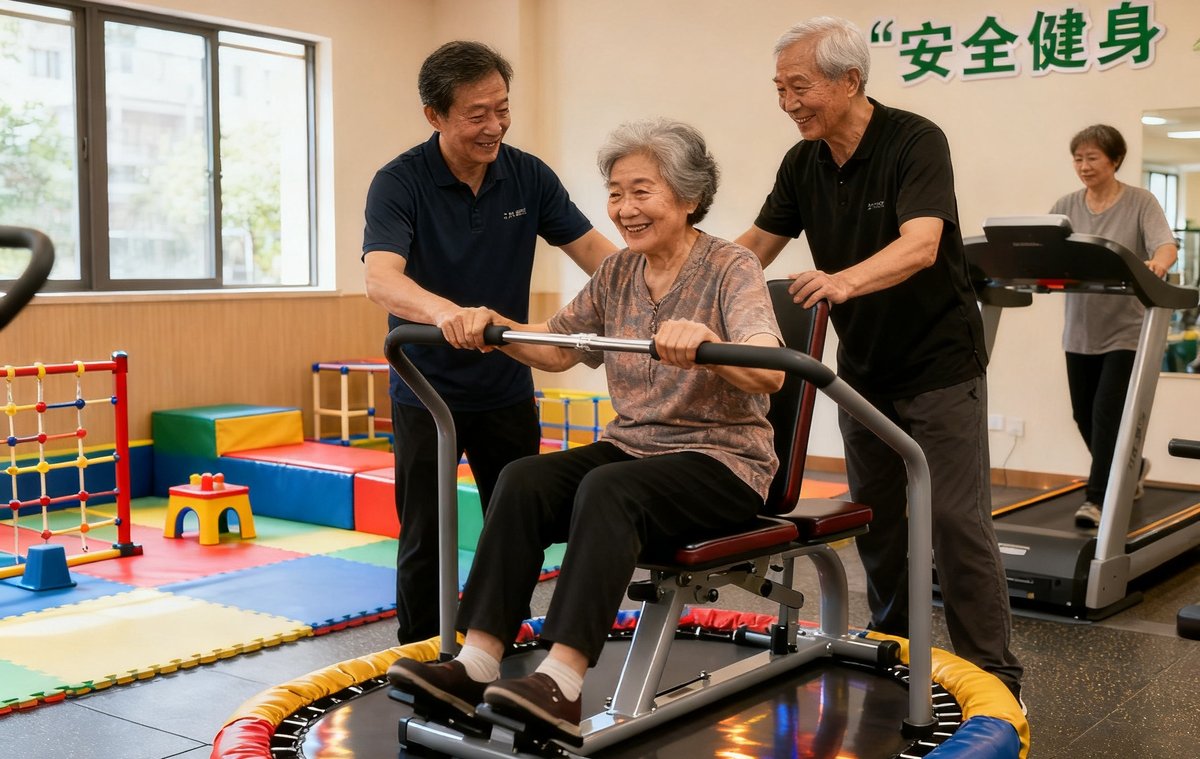 社区健身中心内部实景图，展示中老年居民在指导下使用安全防护型健身器材，旁边设有儿童体适能活动区域，整体氛围温馨友好。