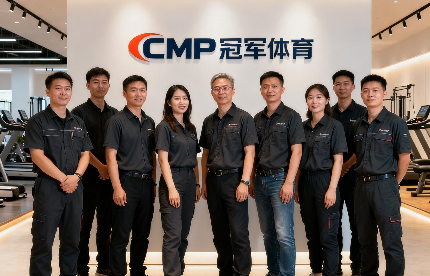 CMP冠军体育核心团队在总部展厅的合影，包括空间规划师、技术工程师和售后服务团队，每个人穿着统一的深色工装，展现出专业团结的企业形象。