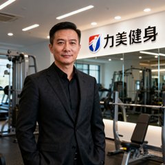 深圳力美健身俱乐部创始人张总的商务头像照片，背景为公司健身房实景。